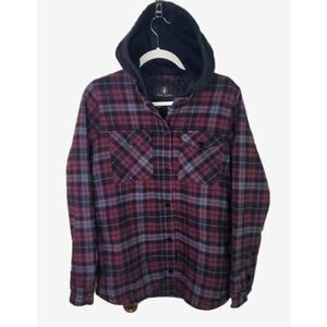 Volcom Mens Hooded Plaid Flannel Jacket Shacket Snap Button Small Lined Pockets